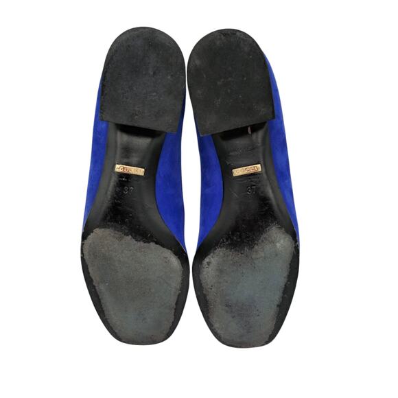 Gucci GG Logo Blue Suede Loafer Size 37 US 7 Chrome Block Heel Slip On Flat - Picture 6 of 10